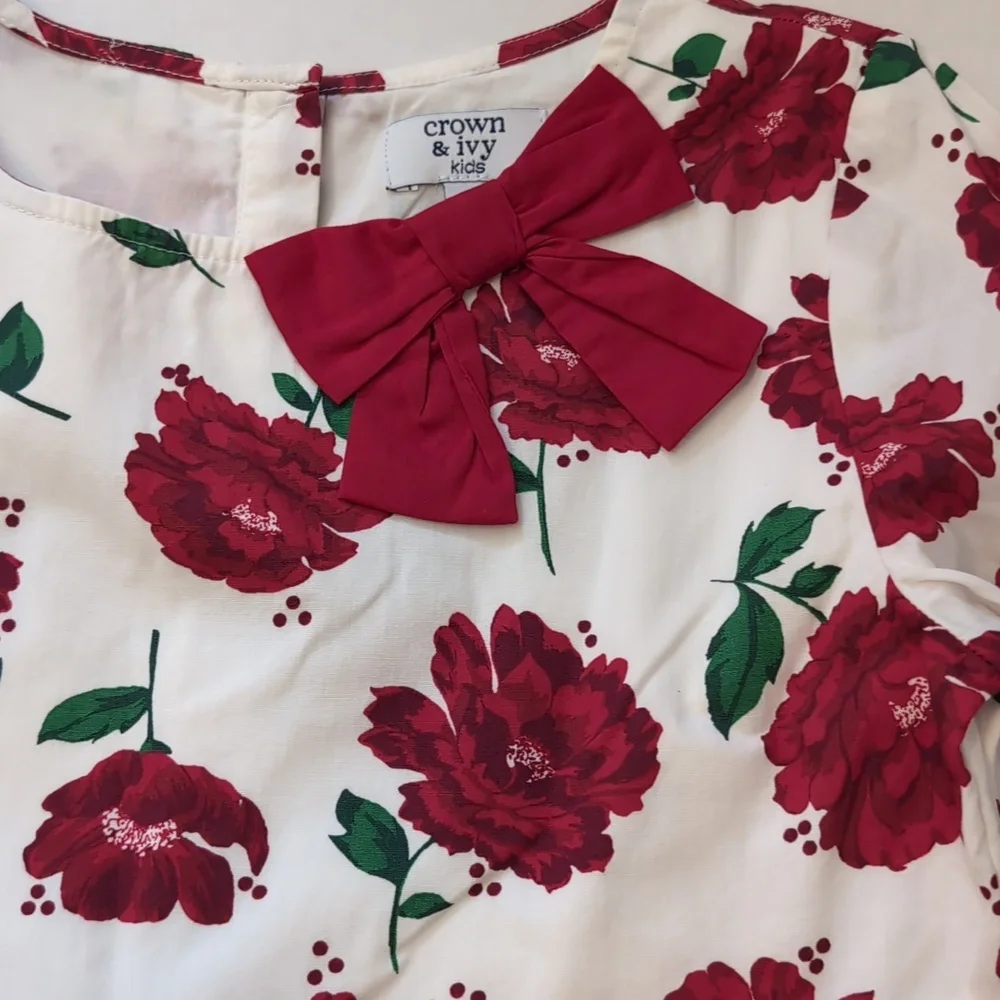 Crown & Ivy Kids White/Red Floral Dress. 3/4 Length Bell Sleeve. Size 10